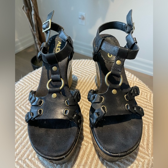 Black Leather Espadrille Wedges. Size 7 (Euro 38) - Picture 5 of 7